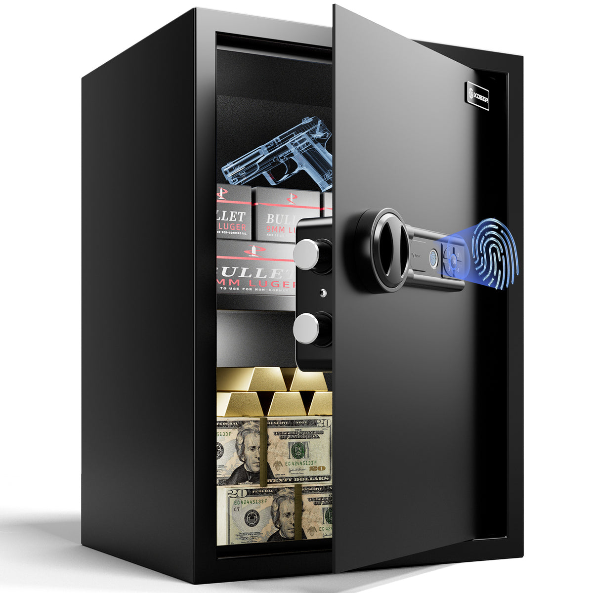 A black biometric safe with a fingerprint scanner, LED light, and a keypad. It is open, revealing the interior which contains a pistol and money.