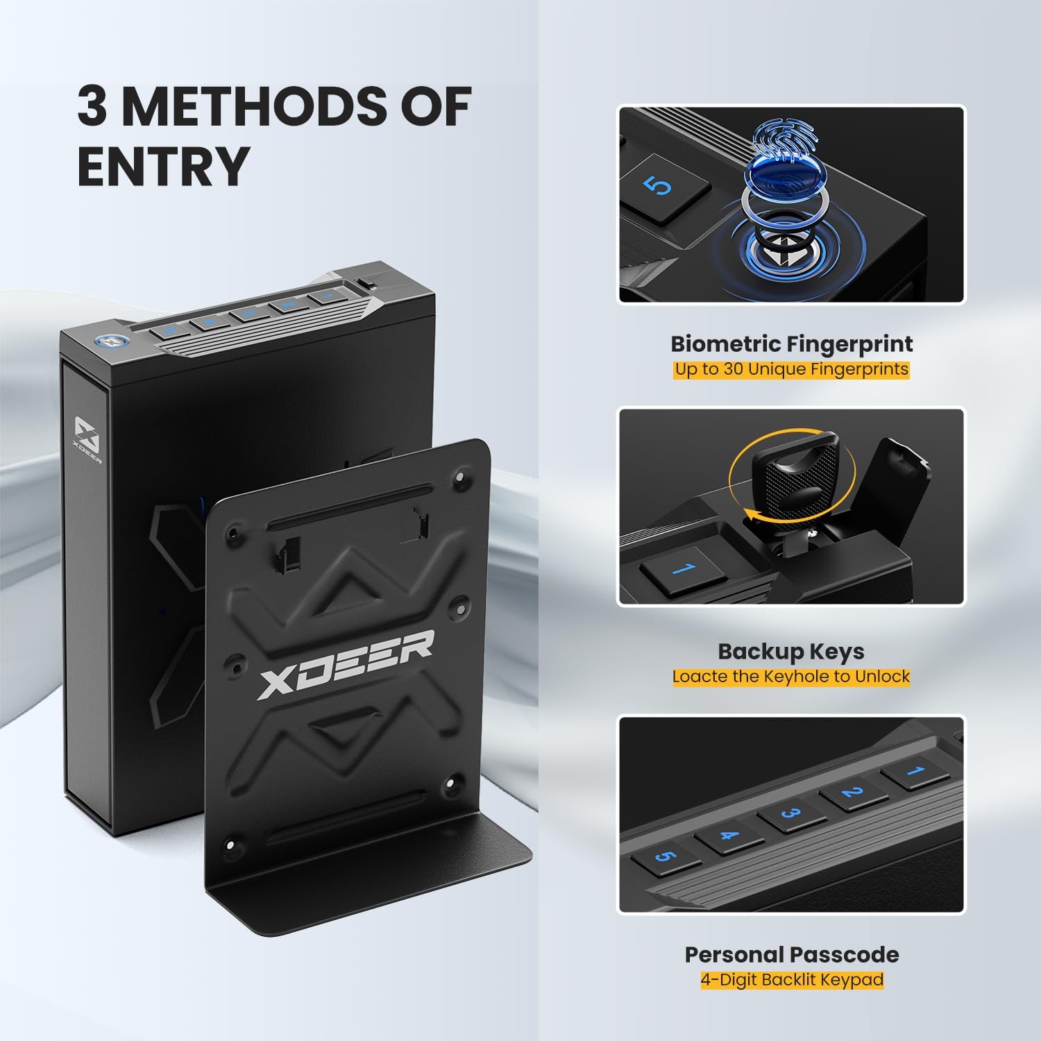 XDeer Biometric Gun Safes for Pistols - Handgun Safe with Upgraded Fingerprint & Keypad, Auto Open Lid & Interior Light for Home, Nightstand, and Car 1PCS