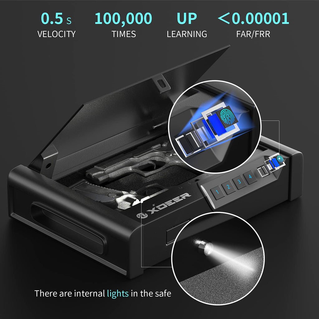 XDeer Biometric Safes,Quick-Acess Safe with Upgraded Fingerprint&Keypad Safe with Auto Open Lid&Interior Light for Home Nightstand Car