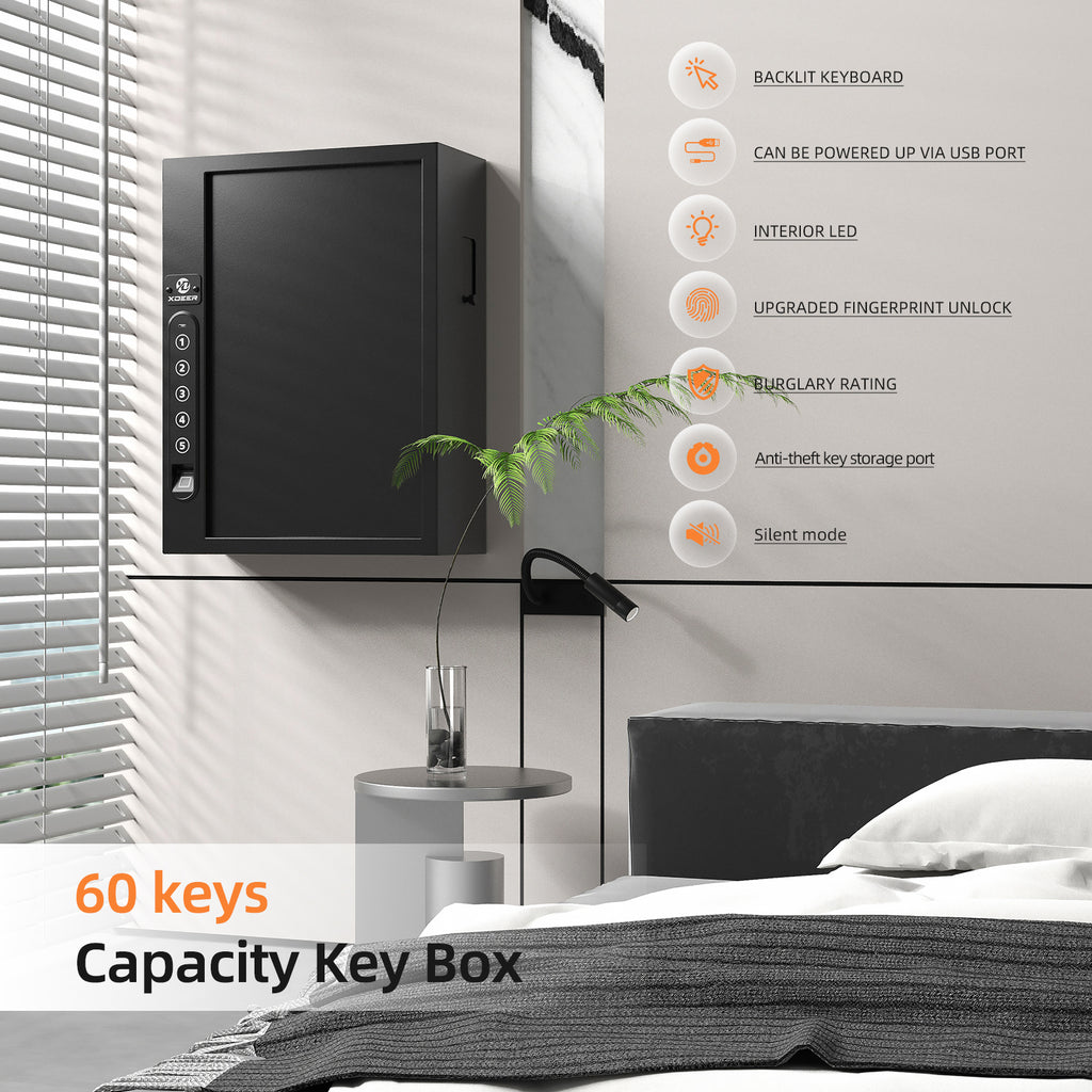 XDeer Key Lock Box Wall Mount with Sensor Light for 60 Keys,Quick-Access key Box with Upgraded Fingerprint & Keypad & Key for Hotels&Office&Companies&Car Dealerships