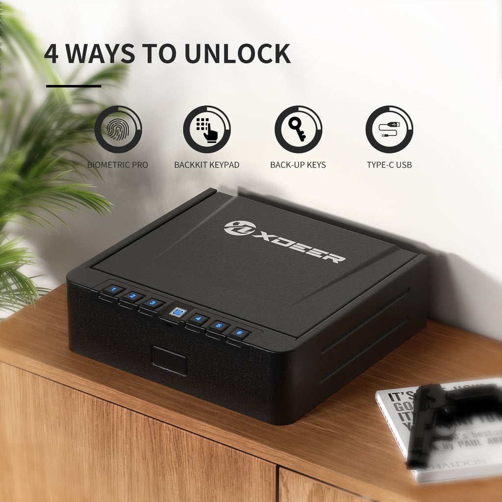 XDeer S005 Biometric Gun Safe for Pistols - Quick-Access, Upgraded Fingerprint Handgun Safe with USB Port, Keypad, and Silent Mode for Home, Bedside, Nightstand, and Car