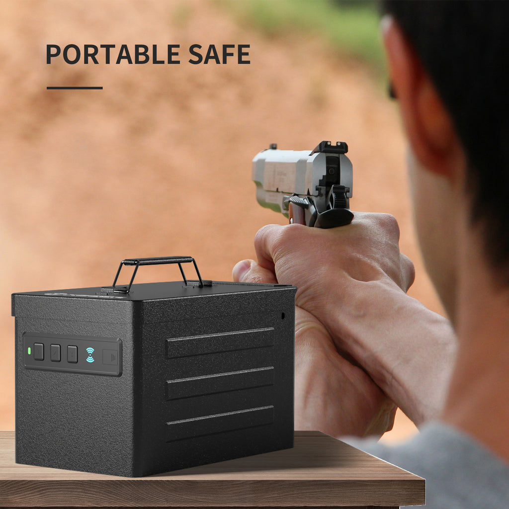 XDeer S007 2 Pistol Metal Gun Safe, RFID Range Vault, 16-Guage Metal Portable Security Safe with High-Strength Locking Mechanism & Steel Security Cable & LED Light, Against Pry Attacks and Hand Tools