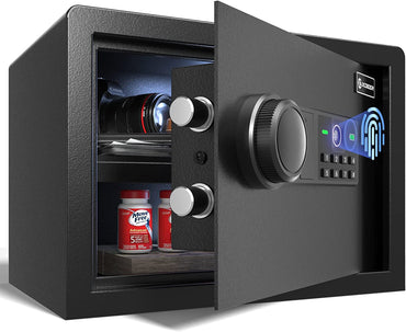 XDeer Biometric Safe Box, 0.78 Cubic Quick-Access Security Safe Box with Upgraded Fingerprint and Rack, Steel Safe Lock Box for Kid/Home/Office